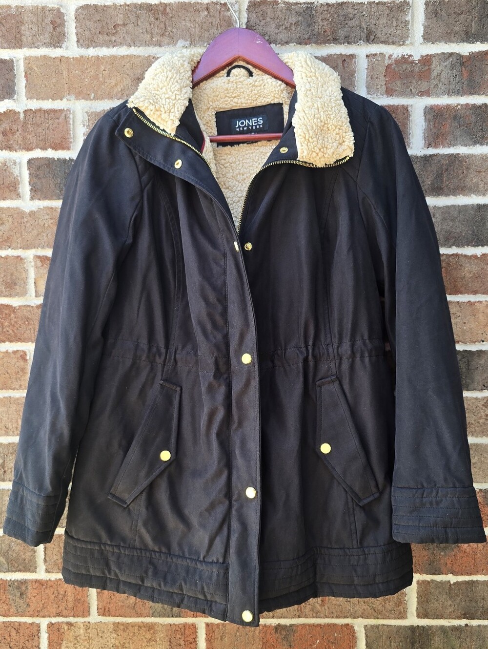 Jones New York Sherpa Lined Black Utility Parka Jacket Gold Hardware